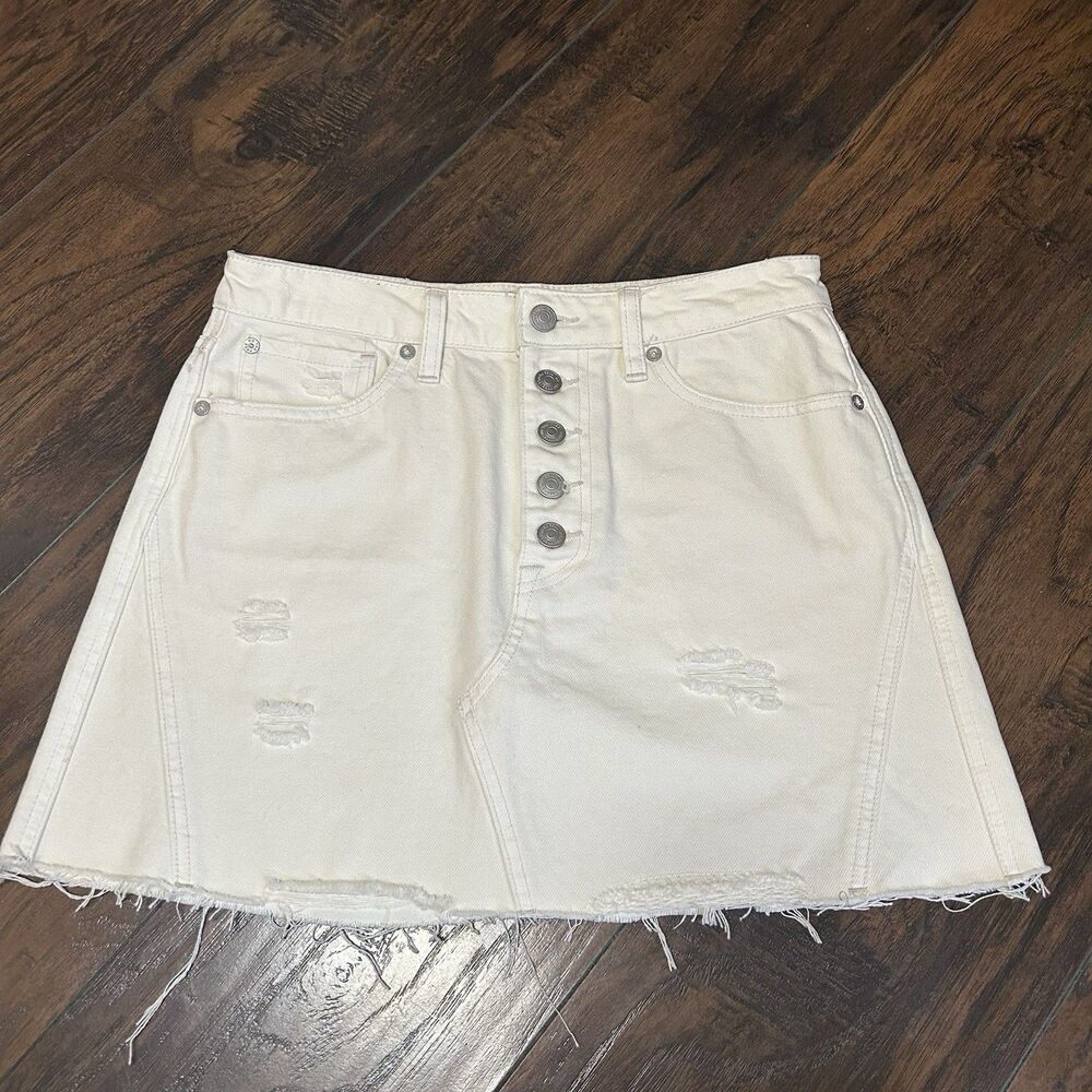 Free People Womens Cream Denim Mid Rise Distressed Cut-Off Mini Jean Skirt 28